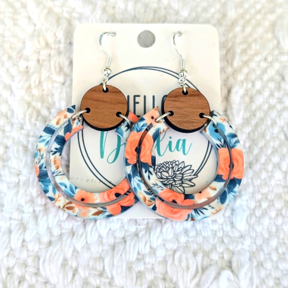 Peach And blue floral print circle earrings